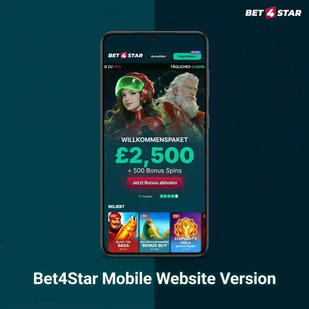 Mobile-optimized Bet4Star website on smartphone showing sports betting, live casino, and account management features.