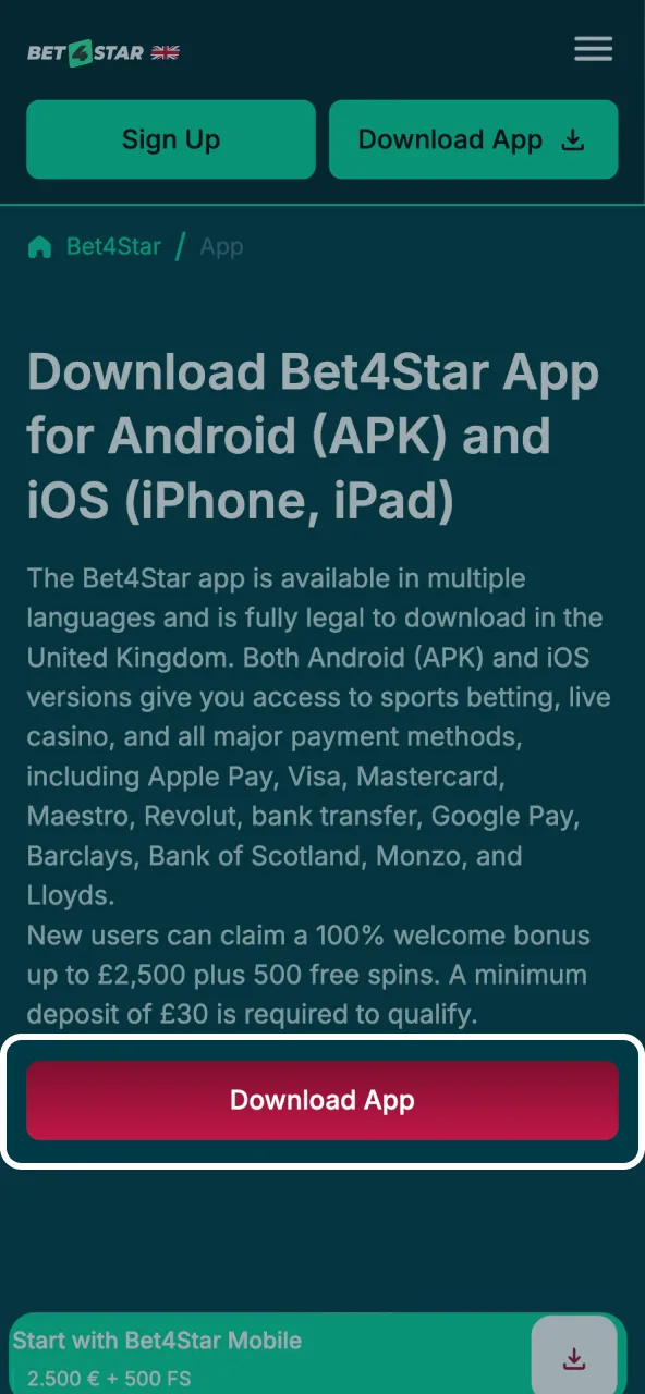 Download the Bet4Star APK by tapping the button to save the file.