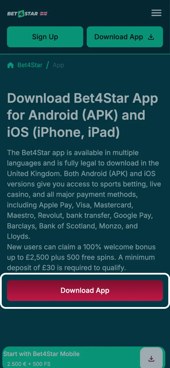 Press the download button to reach the official Bet4Star iOS page.