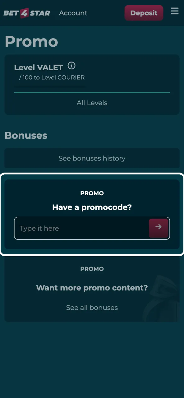 Add your Bet4Star promo code in the cashier before confirming payment.