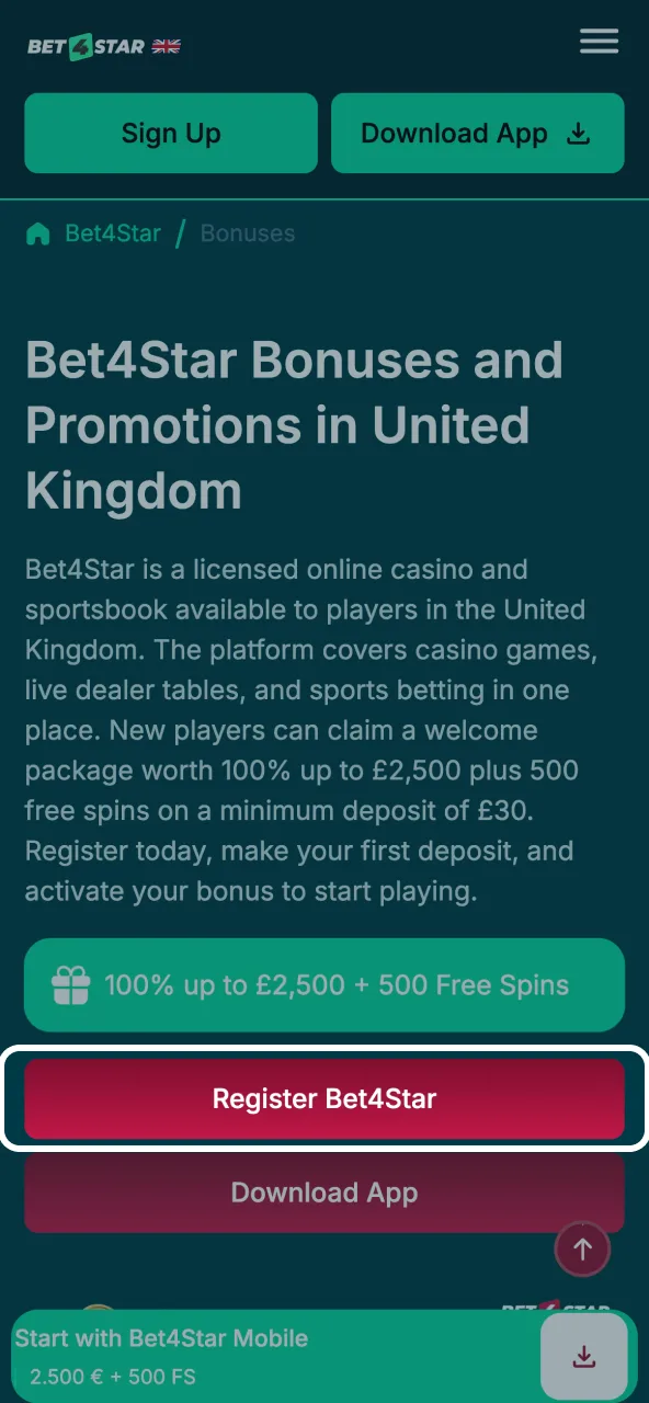 Open the Bet4Star registration form and complete it with accurate information.