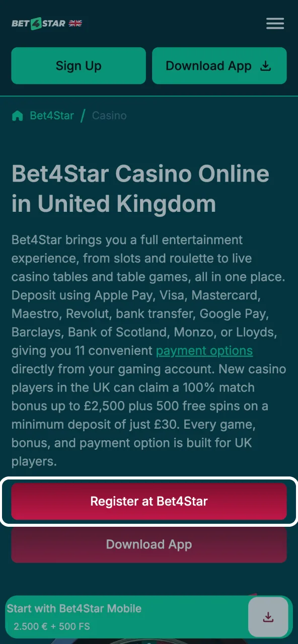 Enter your information in the Bet4Star registration form to open your account.