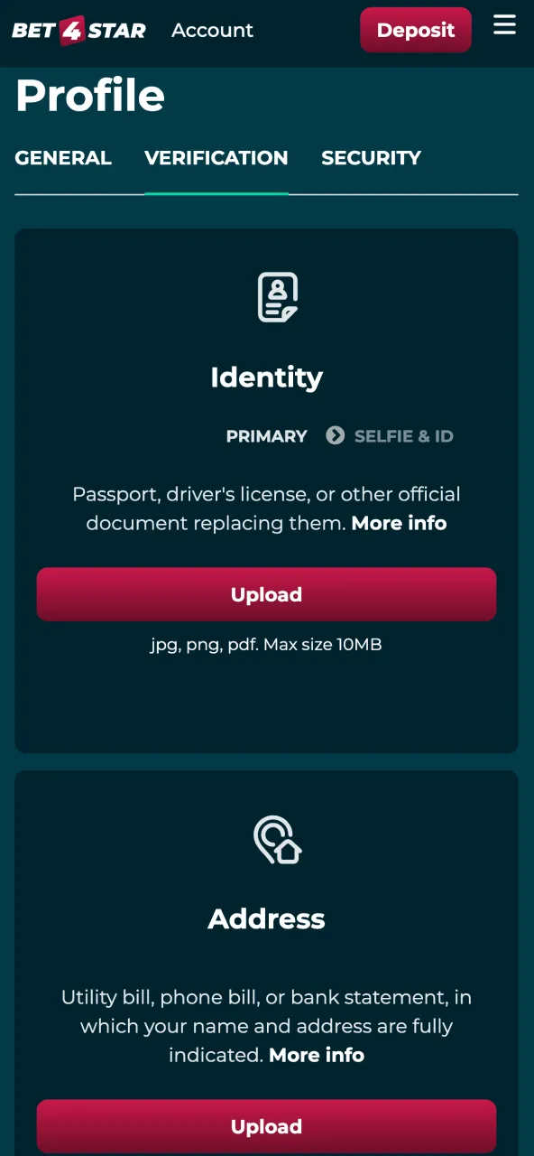 Upload ID to Bet4Star to finish quick identity verification.