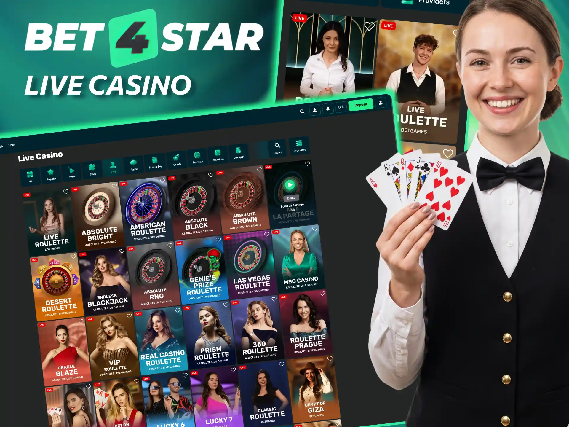 Bet4Star live casino real time tables with dealers and top games.