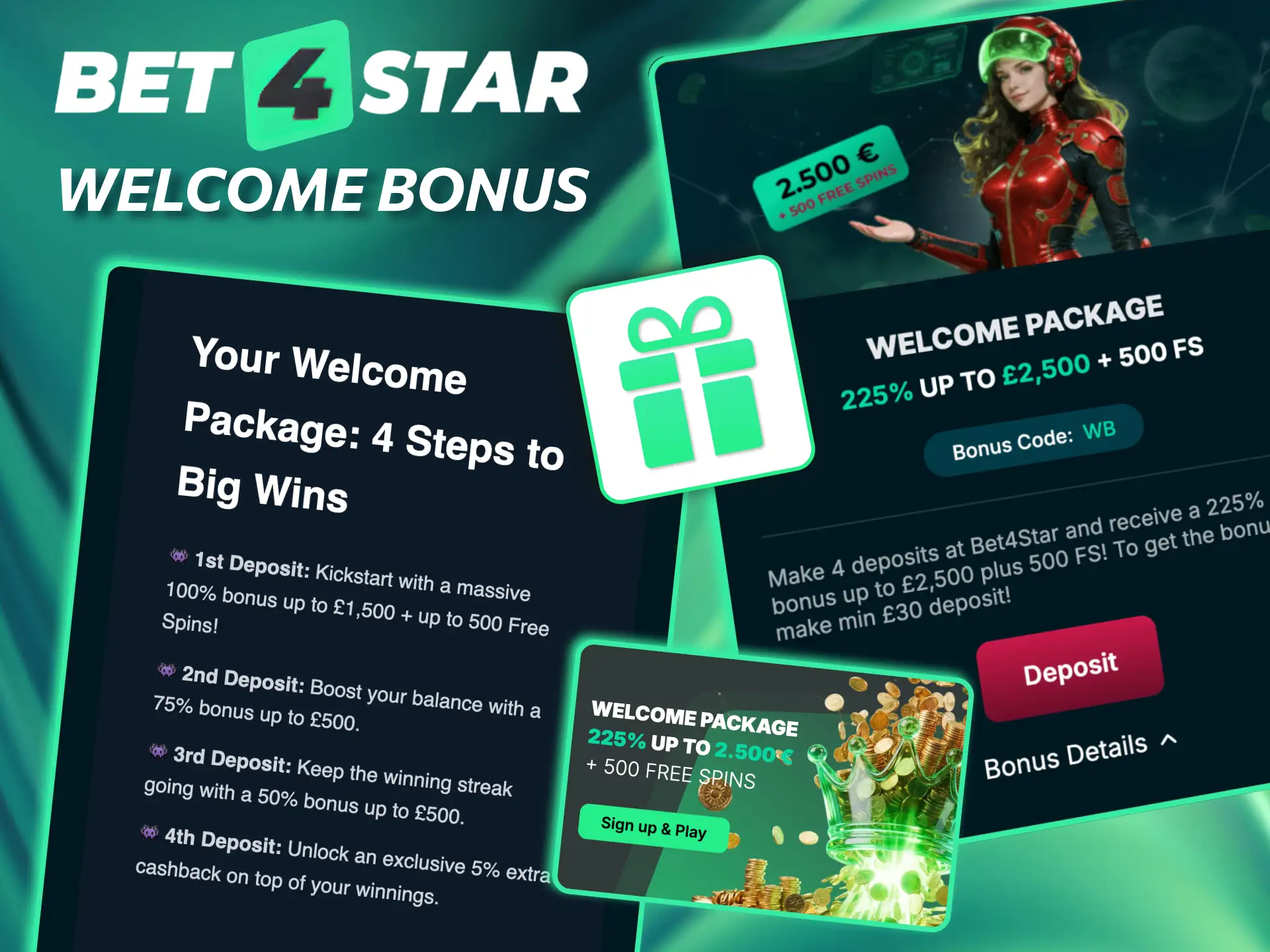 Bet4Star signup reward generous match bonus with free spins on first deposit.