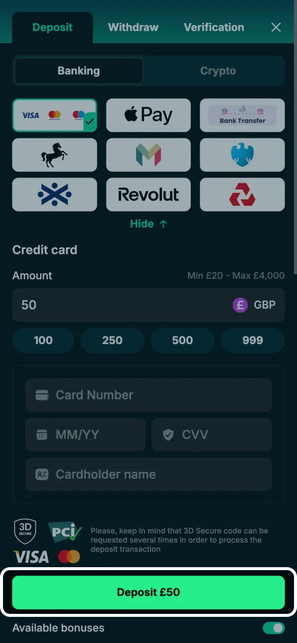 Bet4Star shows the typed amount for confirmation prior to funding.