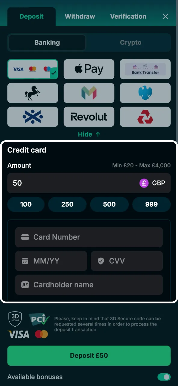 Bet4Star displays the chosen deposit amount before processing.
