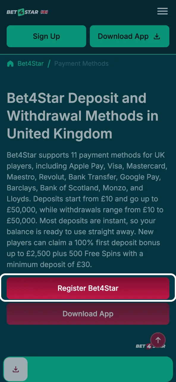 Bet4Star provides account access through registered login details.
