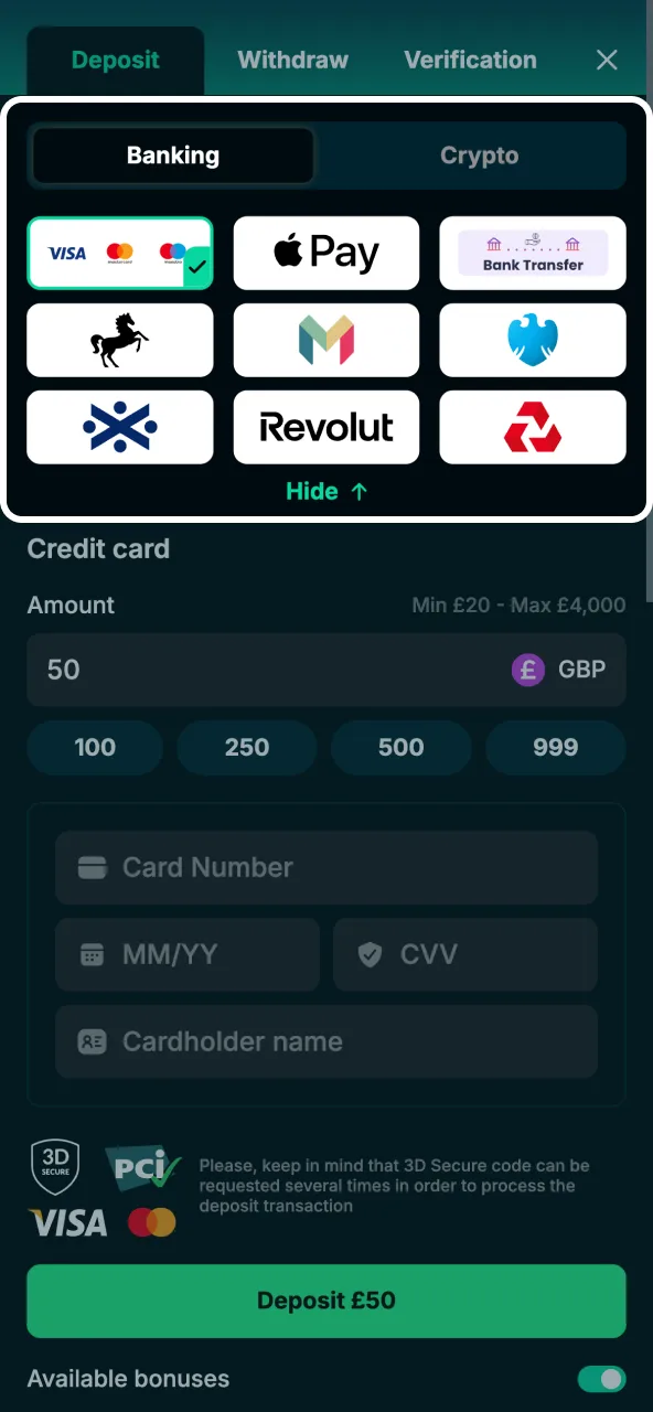 Deposit options on Bet4Star include cards, wallets and bank transfers.