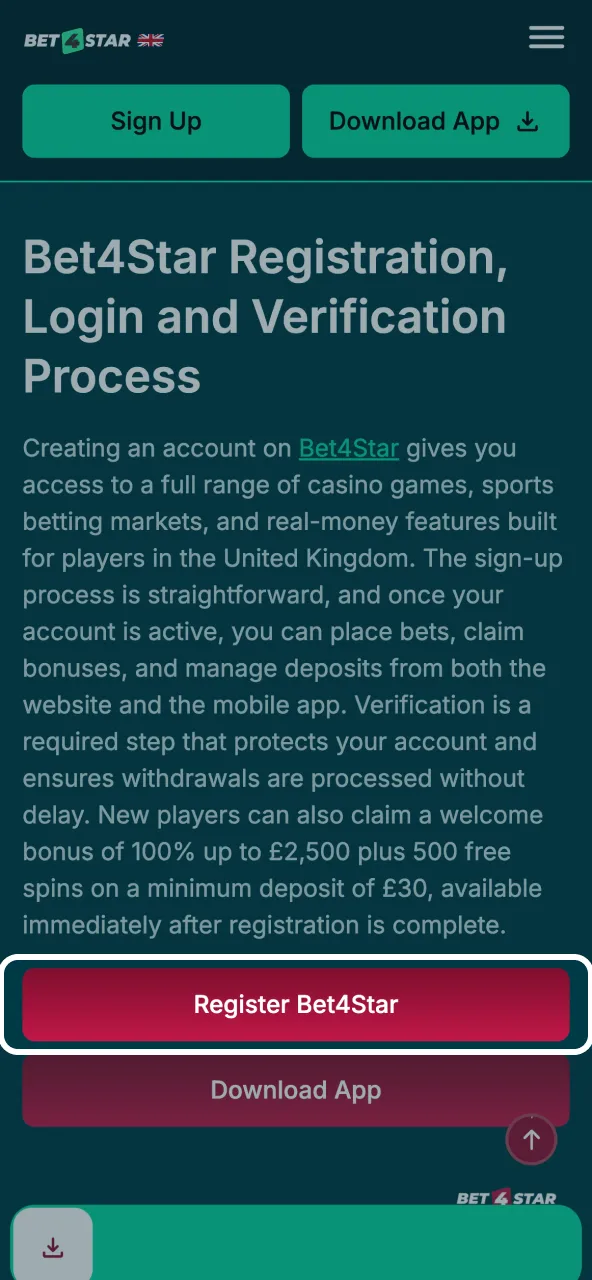 Clicking the on‑page button leads to the Bet4Star sign‑up section.